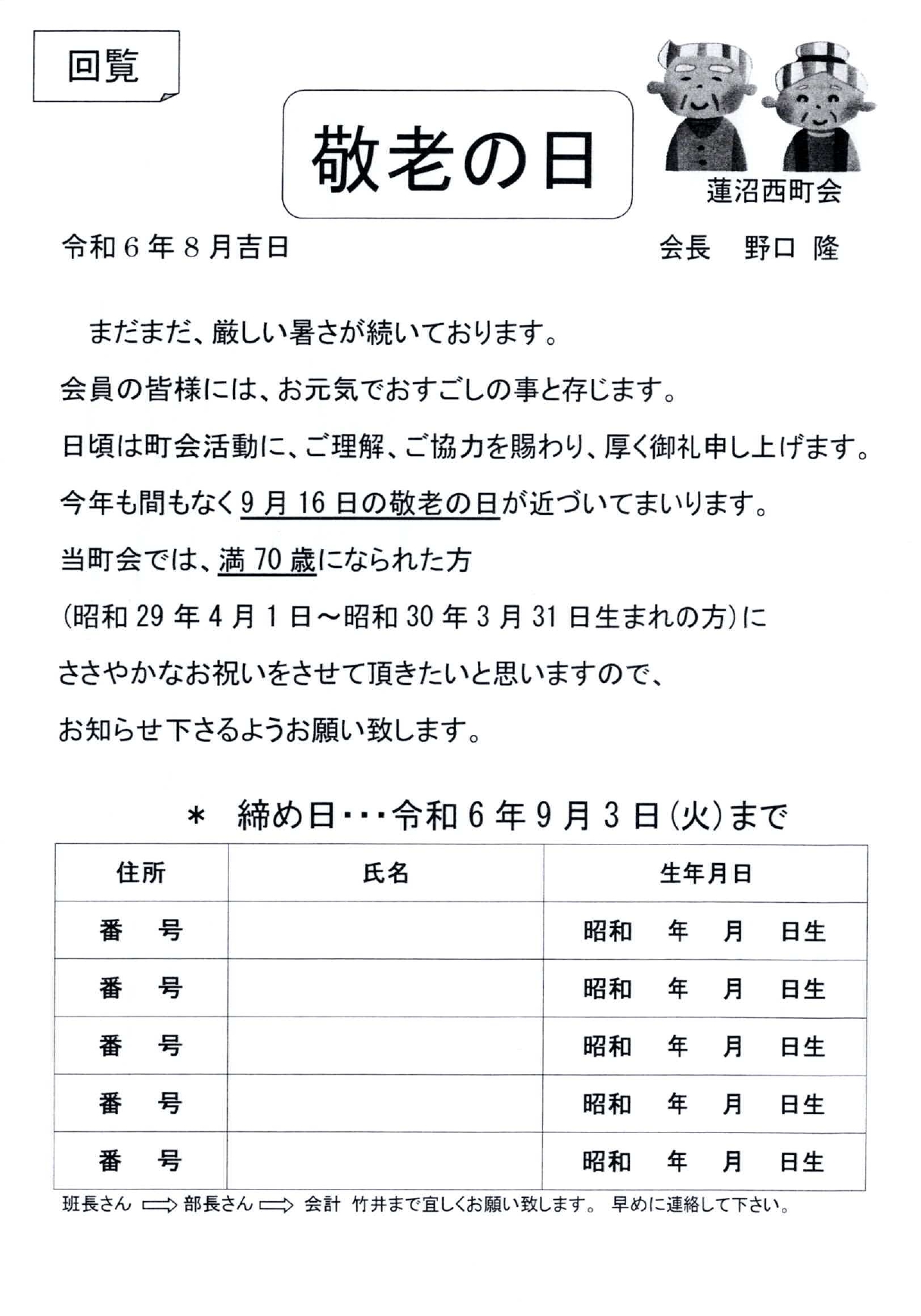 蓮沼西町会「敬老祝い金」申請