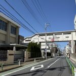 ③昔はなかった渡り廊下と体育館（左の建物）。なぜ、校名が右から？