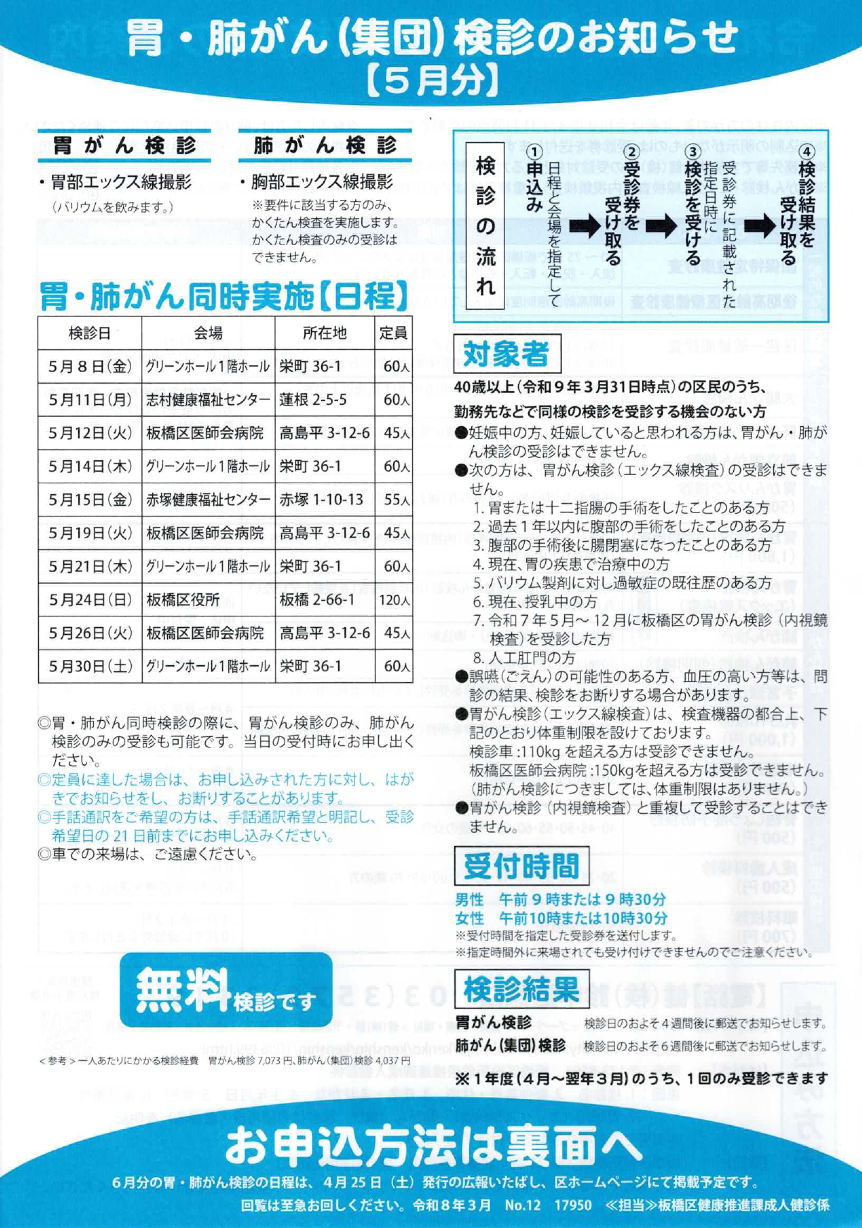 胃・肺がん（集団）検診のお知らせ【5月分】